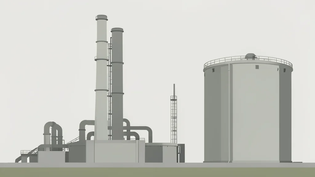 A flat-vector illustration of an industrial oil refinery with tall distillation towers and large storage tanks.