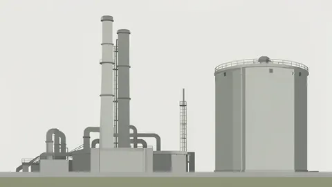 A flat-vector illustration of an industrial oil refinery with tall distillation towers and large storage tanks.