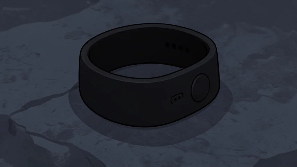 A sleek, screen-free wristband with a single button and a small speaker grille, resting on a wooden surface next to a smartphone.