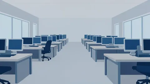 A stylized flat-vector illustration of a modern financial exchange trading floor featuring rows of empty desks and abstract monitor shapes, rendered in muted blue and gray tones without any text or numbers.