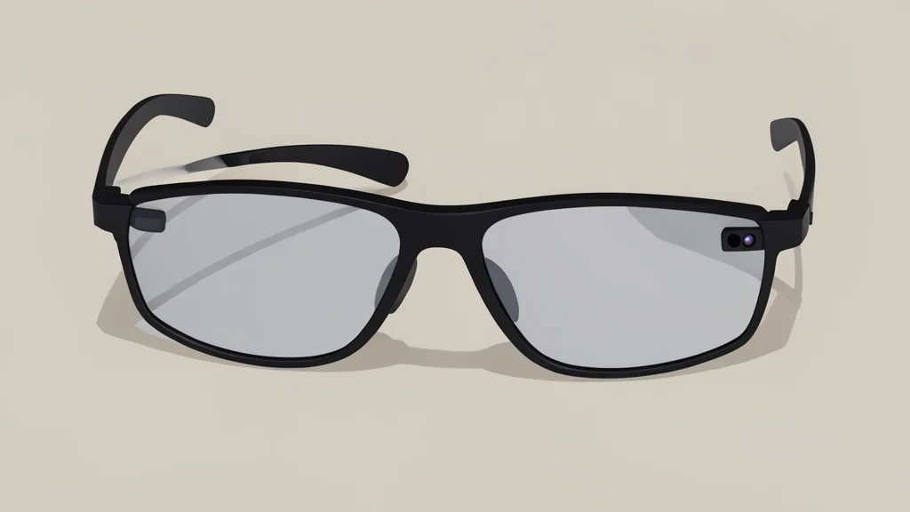 A pair of sleek, modern smart glasses with thin frames and small, integrated camera lenses, resting on a neutral surface.
