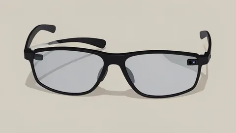 A pair of sleek, modern smart glasses with thin frames and small, integrated camera lenses, resting on a neutral surface.