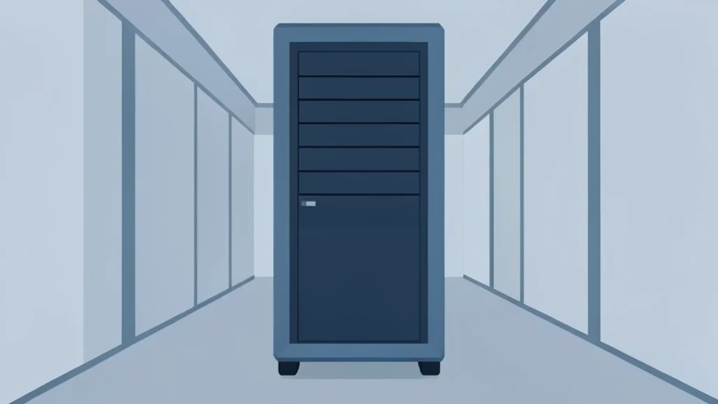 A stylized flat-vector illustration of a server rack in a data center corridor.