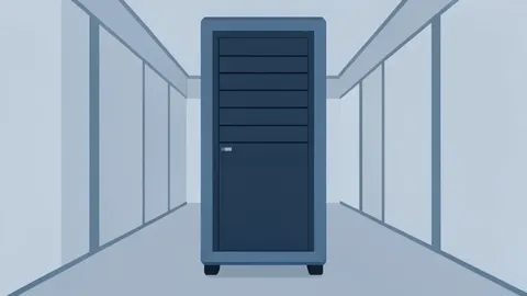 A stylized flat-vector illustration of a server rack in a data center corridor.