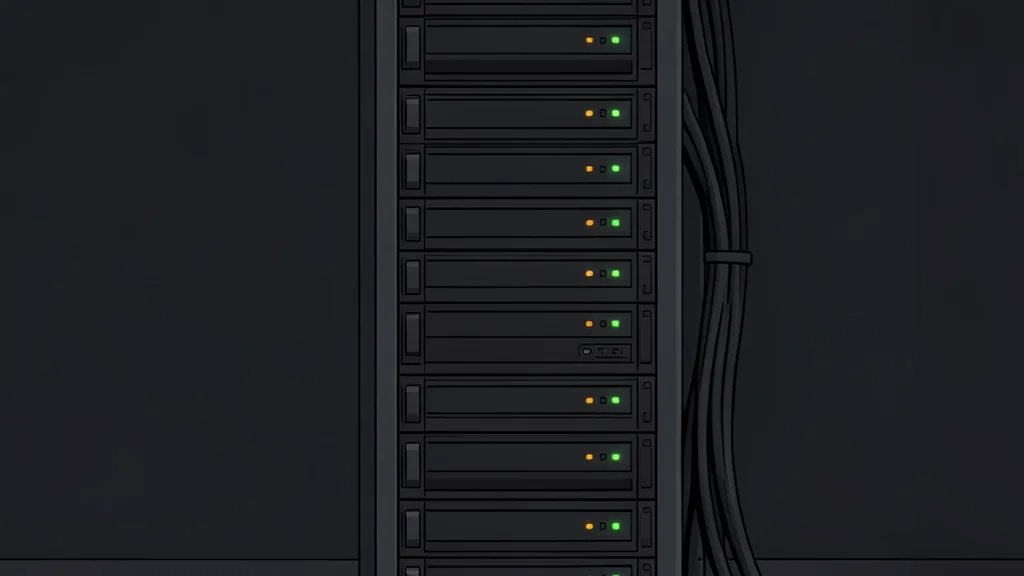 A stylized illustration of a server rack in a data center with glowing connection lines.
