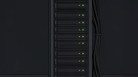 A stylized illustration of a server rack in a data center with glowing connection lines.
