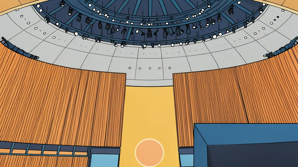 A flat-vector illustration of the curved interior of a large international assembly hall with empty green chairs facing a central podium.