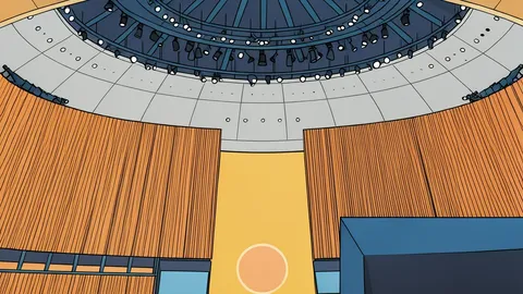 A flat-vector illustration of the curved interior of a large international assembly hall with empty green chairs facing a central podium.