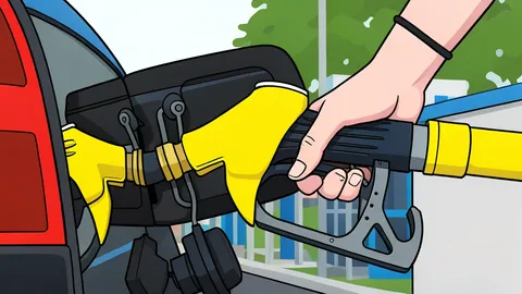 A fuel pump nozzle resting on a concrete island at a gas station