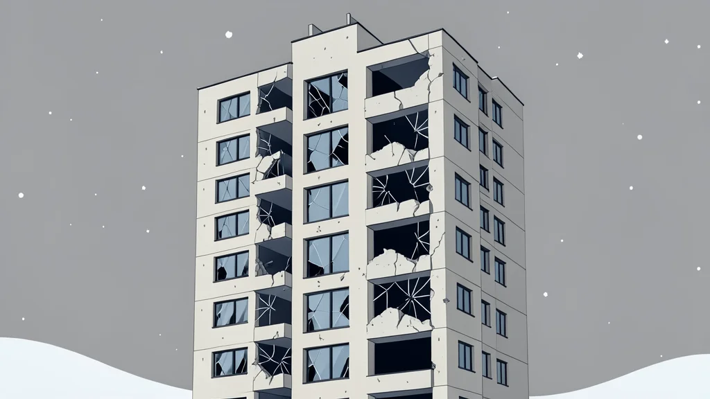 A damaged high-rise residential building facade with shattered windows and exposed concrete, set against a grey winter sky