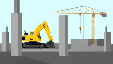 A flat vector illustration of a construction site with heavy machinery and unfinished concrete structures.