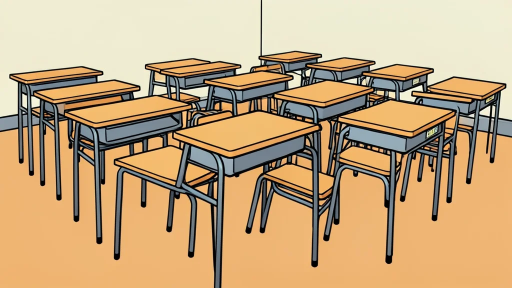 A row of empty school desks in a classroom