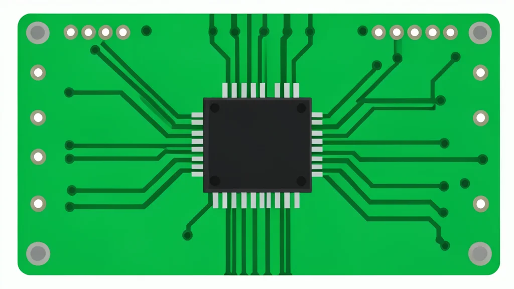A green printed circuit board with a black square microchip in the center