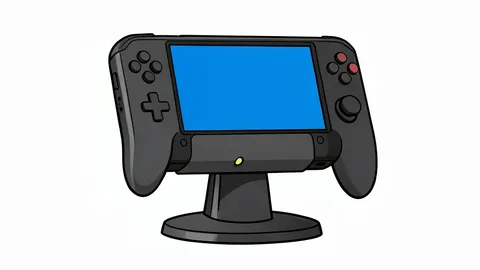 A stylized handheld gaming console with a detachable controller docked on a stand