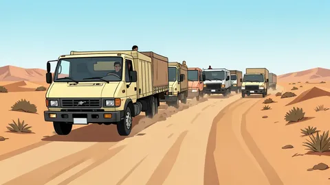 A line of trucks carrying passengers on a dusty unpaved road in a semi-arid landscape.
