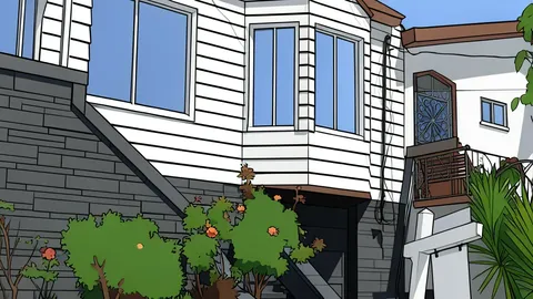 A suburban house exterior with a front yard