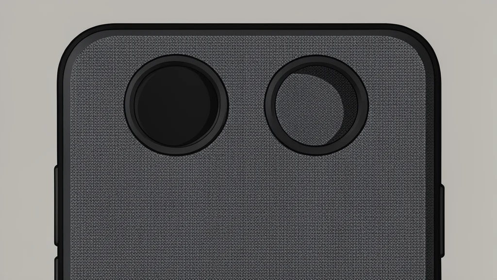 A smartphone with a fabric-textured back and dual speaker grilles on the top frame