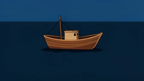 A small wooden fishing boat floating on dark ocean water