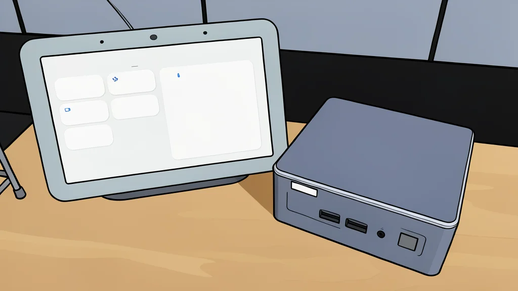 A compact black mini PC with a visible heat sink sits on a wooden shelf next to a small microphone.