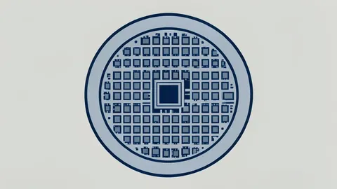 A silicon wafer with a grid of integrated circuits