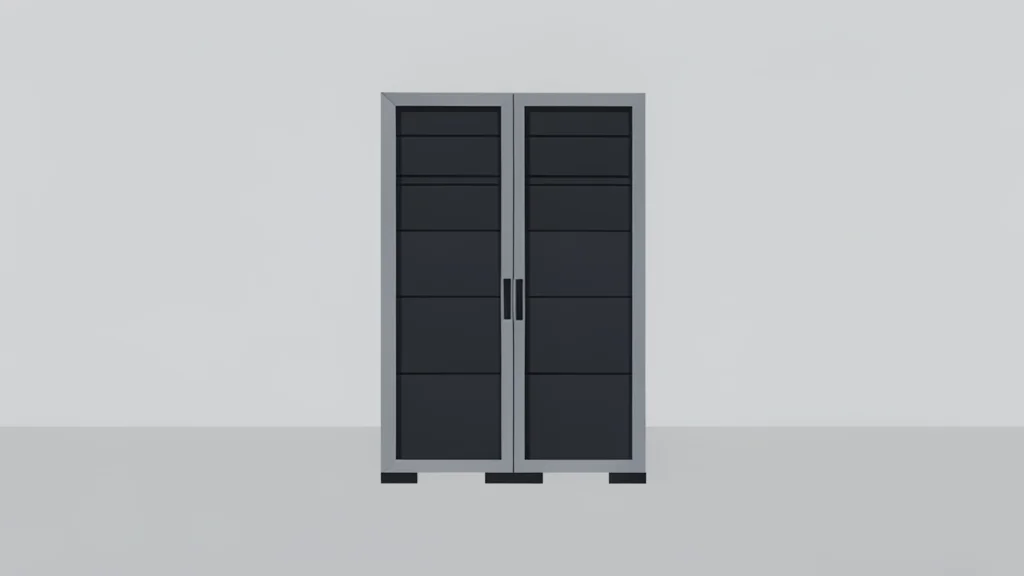 A stylized server rack standing in a minimal data center environment.