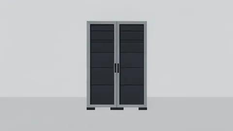 A stylized server rack standing in a minimal data center environment.
