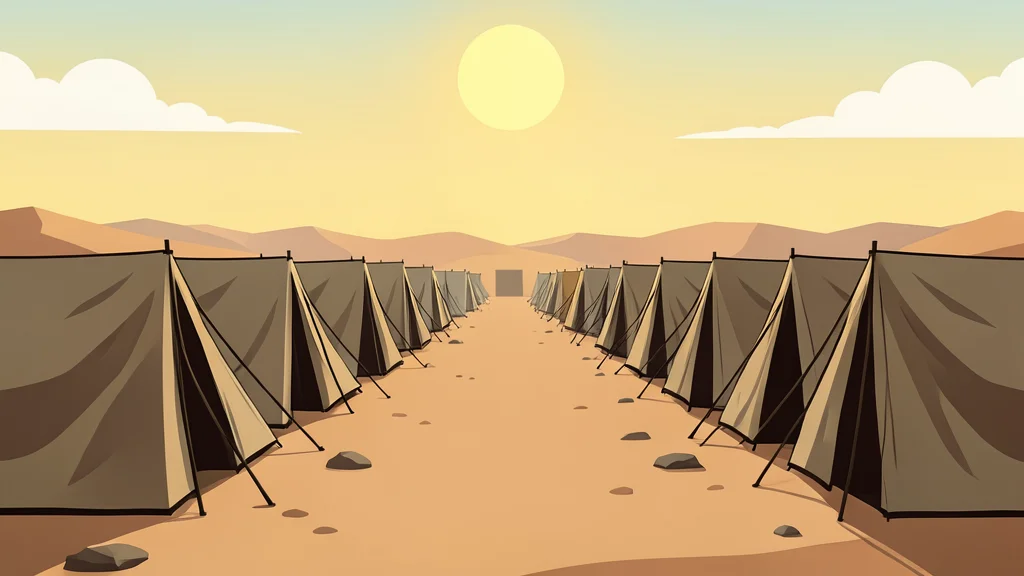 A flat vector illustration of a dusty refugee camp with rows of makeshift tents under a harsh sun.
