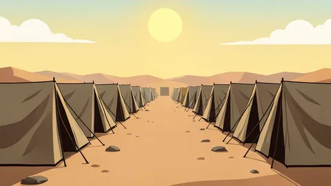 A flat vector illustration of a dusty refugee camp with rows of makeshift tents under a harsh sun.