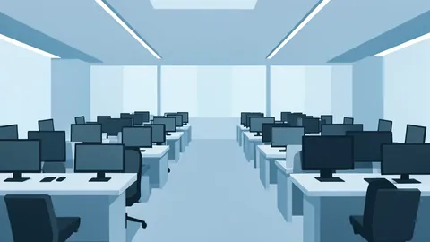 A flat-vector illustration of a modern stock exchange trading floor with rows of desks and monitors.