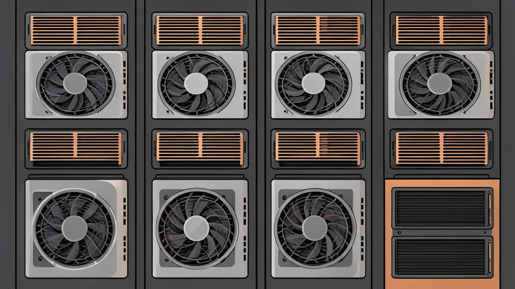 A dense rack of high-performance graphics processing units with visible cooling fans and copper heat sinks