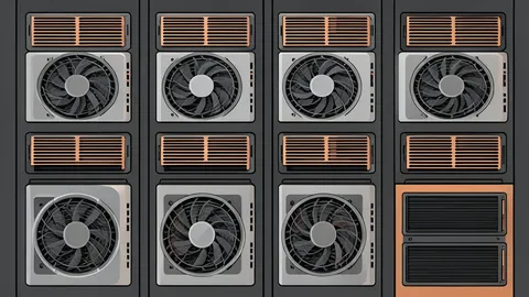 A dense rack of high-performance graphics processing units with visible cooling fans and copper heat sinks