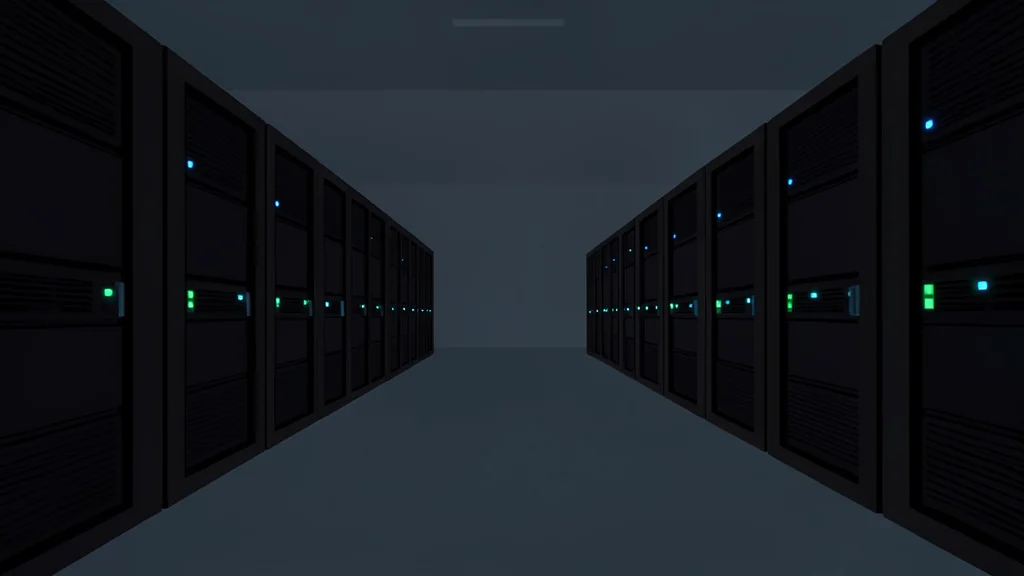 Rows of black server racks with blinking status lights in a dimly lit room