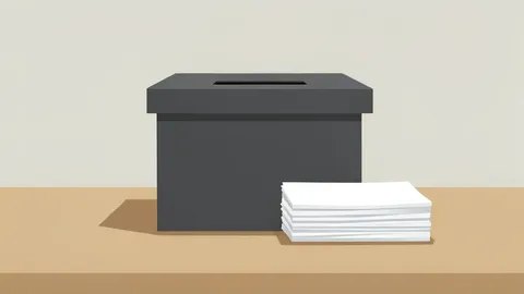 A flat vector illustration of a closed ballot box and a neat stack of paper ballots resting on a wooden table surface.