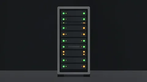 A server rack with blinking status lights in a dark room