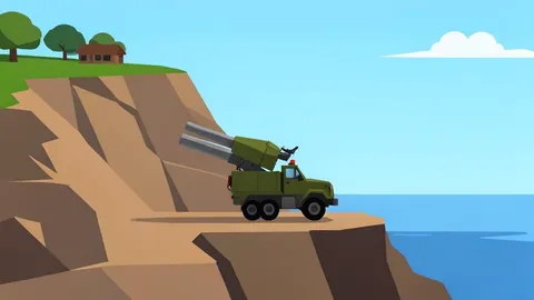 A coastal cliffside launch site with a large missile on a transport vehicle.