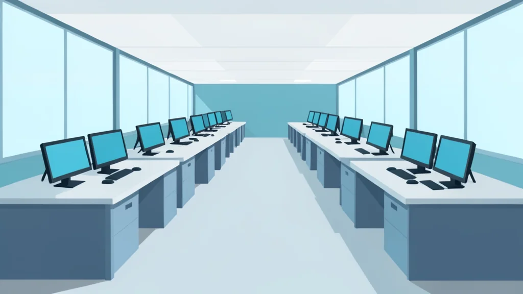 A stylized vector illustration of a trading floor with rows of empty desks and monitors.