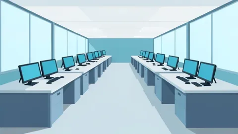 A stylized vector illustration of a trading floor with rows of empty desks and monitors.