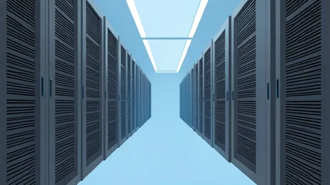 Rows of server racks in a data center