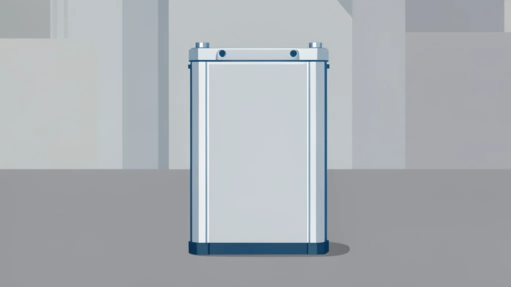 A large industrial battery cell standing upright on a factory floor
