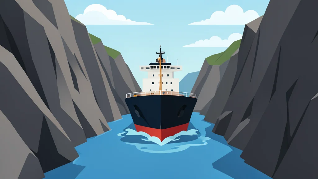 A large oil tanker navigating through a narrow strait between rocky cliffs
