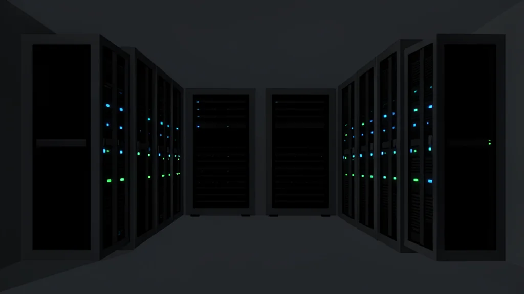Rows of black server racks with blinking status lights in a dimly lit data center aisle