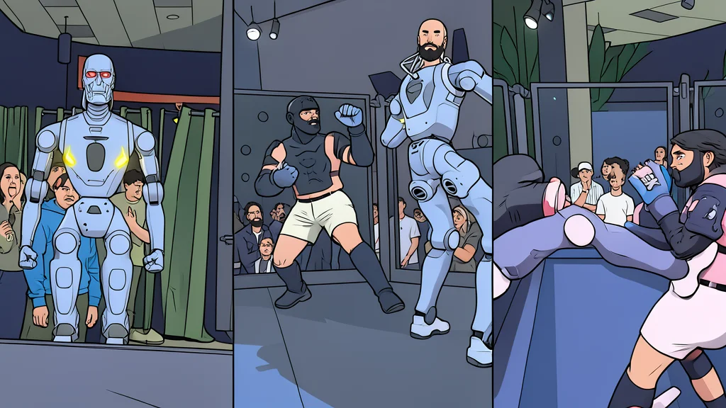 A flat vector illustration of a humanoid robot standing in a ring with plastic lining, facing a human figure in a defensive posture.