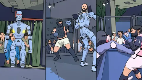 A flat vector illustration of a humanoid robot standing in a ring with plastic lining, facing a human figure in a defensive posture.