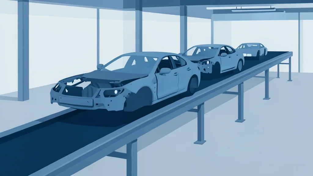A modern automotive assembly line with car chassis moving along a conveyor belt in a clean industrial setting.
