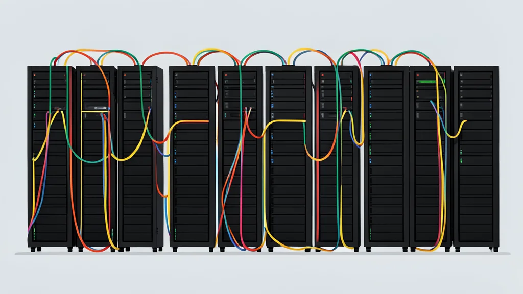 A cable television headend room with rows of black server racks and fiber optic cables