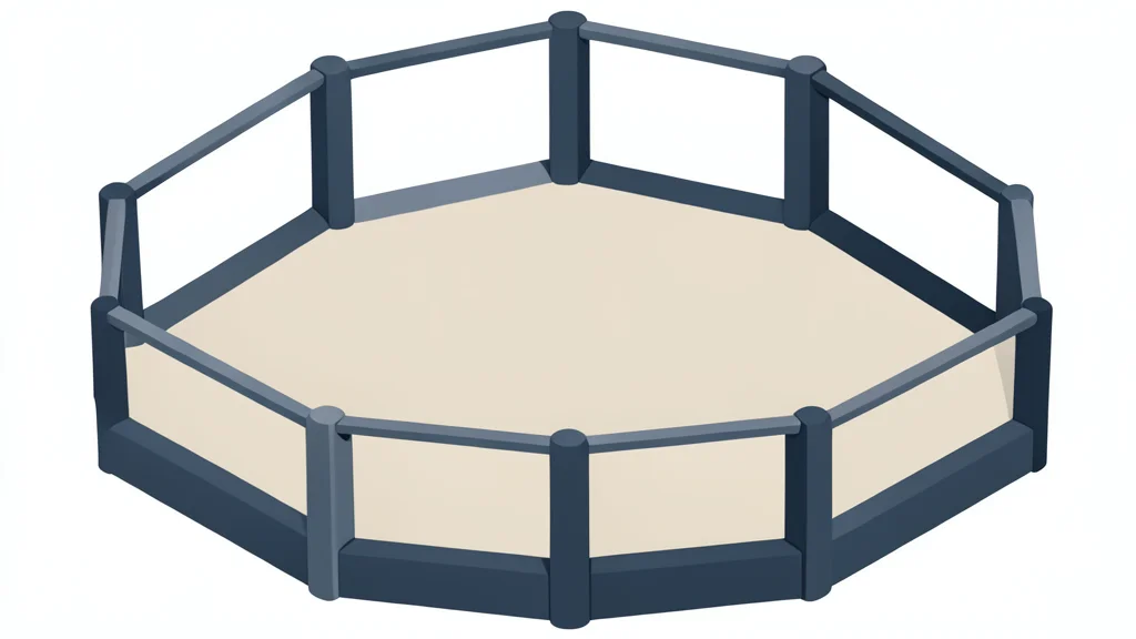 A flat vector illustration of an octagonal fighting cage with a central canvas floor, emphasizing the geometric structure and empty space.