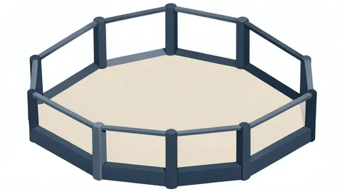 A flat vector illustration of an octagonal fighting cage with a central canvas floor, emphasizing the geometric structure and empty space.