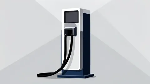 A sleek, modern electric vehicle charging station with thick cables and a minimalist industrial design