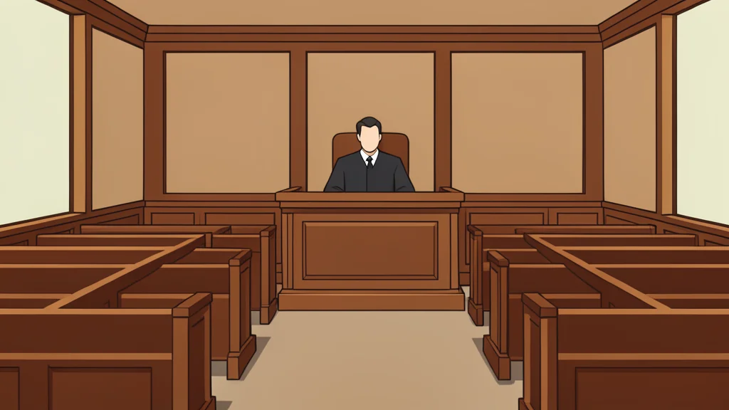 A solemn courtroom interior featuring wooden benches and a judge's bench