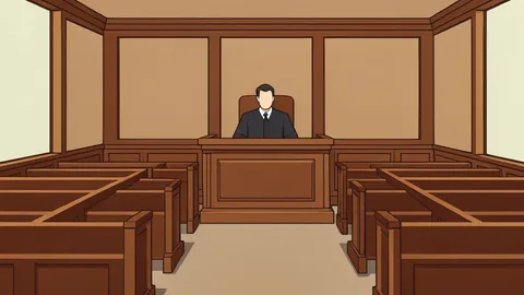 A solemn courtroom interior featuring wooden benches and a judge's bench